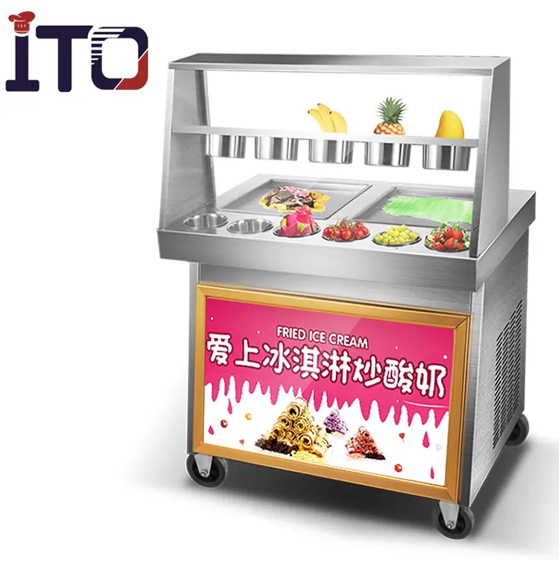 तत्काल आइस क्रीम रोल मशीन डबल वर्ग पैन, शीर्ष गुणवत्ता डबल पैन तली हुई आइसक्रीम मशीन