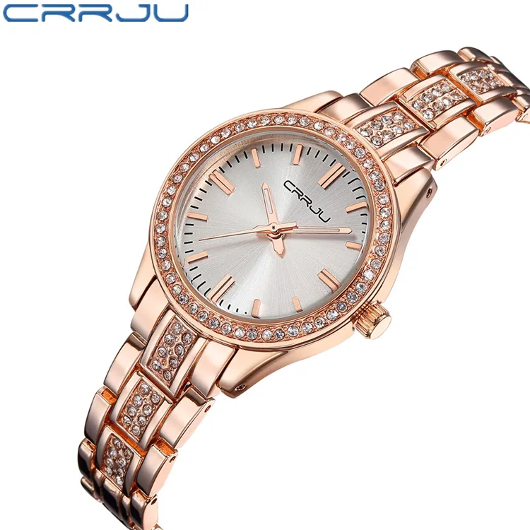 CRRJU 2115 quartz Watch Women Luxury Dress Full Steel Watches Fashion Casual Rose Gold Female Ladies Quartz Watch
