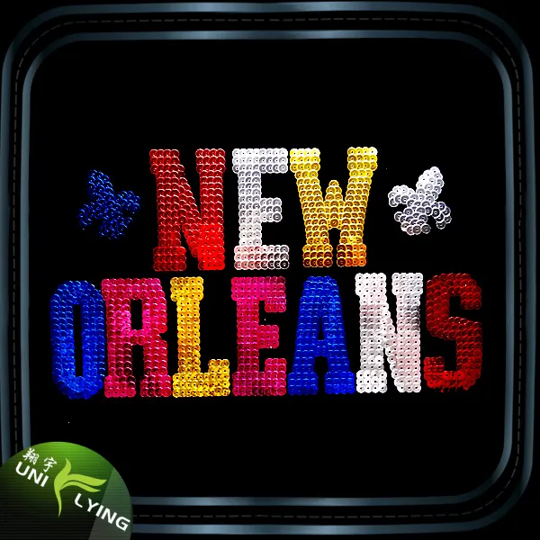 Đầy Màu Sắc New Orleans Sắt Trên Sequin Chuyển Tùy Chỉnh Điểm Vảy Vàng Trên Quần Áo