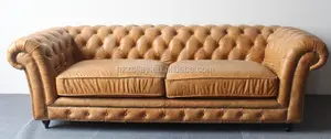 Sofá de cuero tallado con acento italiano, mueble con botón trasero, sofá de descanso, sala de dibujo