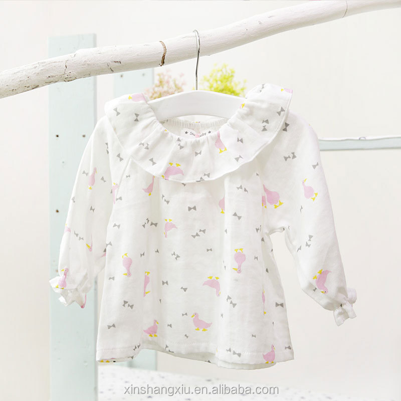 Одежда для детей с кружевным воротом, украшенным декоративными манжеты с милым принтом для маленьких девочек, блузка с длинными рукавами