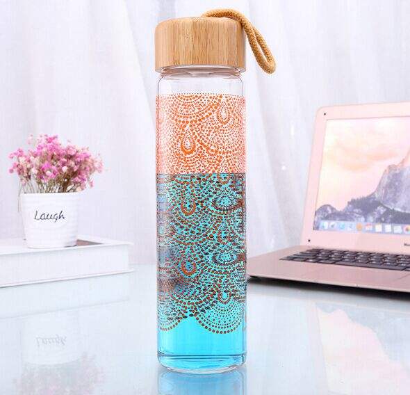 550ML custom printed glass water bottle with bamboo wooden