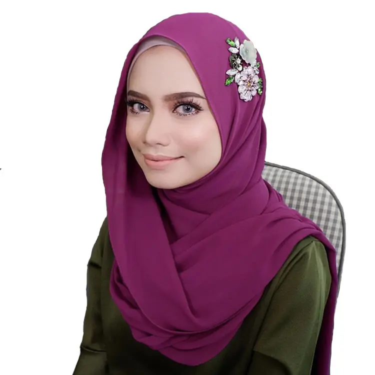 Hijab de luxe en mousseline de soie, fait à la main, avec diamant, Style musulman malaisien, vente en gros
