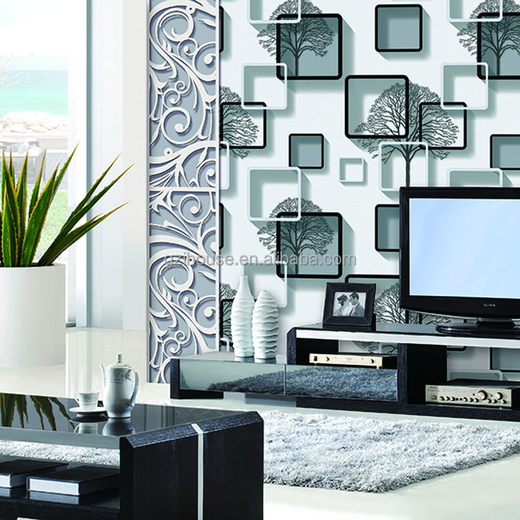 white and black 3d tree and rectangle wallpaper designs pvc vinyl wallpaper