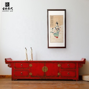 Traditional Chinese China Red WholesaleTraditional Distressed Paint drop shipping TV Cabinet tenon joint tv cabinet