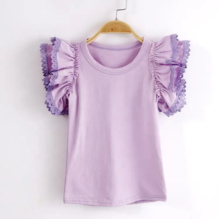Accept custom made girls and young girls summer lotus sleeve T-shirt solid cotton lace trimmed high quality girls clothes