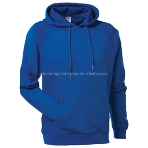 Unisex customized plain royal blue with kangaroo pocket on front with knitted rib cuffs leisure pullover hoodie