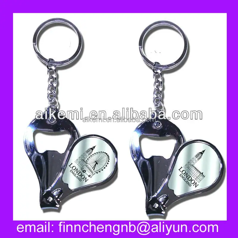 Custom manicure barretta di metallo keychain tagliatore di chiodo, tagliatore di chiodo portachiavi con apribottiglie funzione, lima per unghie in metallo portachiavi