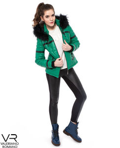Veste en cuir vert élégante Valeriano Romano avec capuche et fourrure animale de Turquie Modèle VRW0080 - Product Image 2