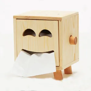 Square hollow smiling face pattern roll paper wooden tissue box paper storage pine wooden box