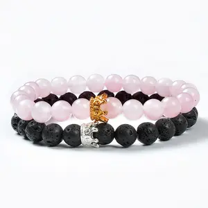 Csja F118 — bracelet en pierre de lave volcanique pour hommes et filles, 2 pièces, Quartz Rose, pierre de lave volcanique, fait à la main, couronne de bracelets, cadeaux d'amitié pour garçons et filles