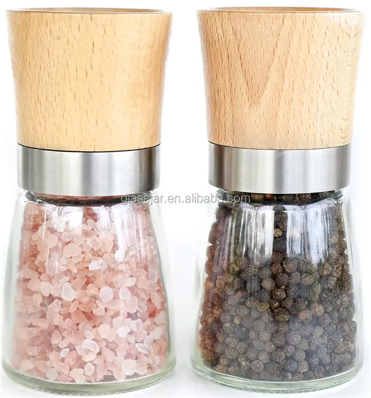 Juego de molinillo de sal y pimienta con tapa de madera, botella de vidrio y cubierta de madera para compradores