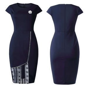 YSMARKET Bleu Marine Robe moulante Rose Élégant Bureau Dame OL O Cou Manches Courtes Zip Dentelle Patchwork Mince D'été Robe Midi - Product Image 6