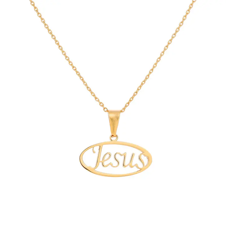 Perhiasan Agama Kalung Nama Yesus Berlapis Emas 18K, Rantai Liontin Yesus