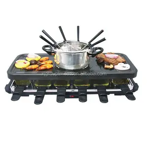 Barbacoa Raclette Grill Olla caliente eléctrica Raclette Grill PTFE Fundición a presión de aluminio con Fondue Pot para 12 personas Parrilla antiadherente 1600