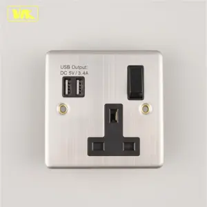 WK Stainless Steel 13A 1 Gang with 2USB Port UK\ British Type Wall Switched Power Socket with USB