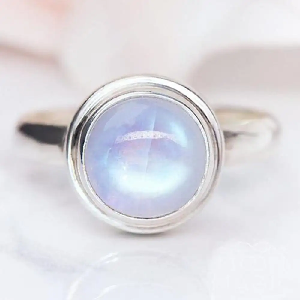 Solid 925 Sterling Silver Rainbow Moonstone Cabochons แหวนเครื่องประดับอัญมณีธรรมชาติขายส่ง