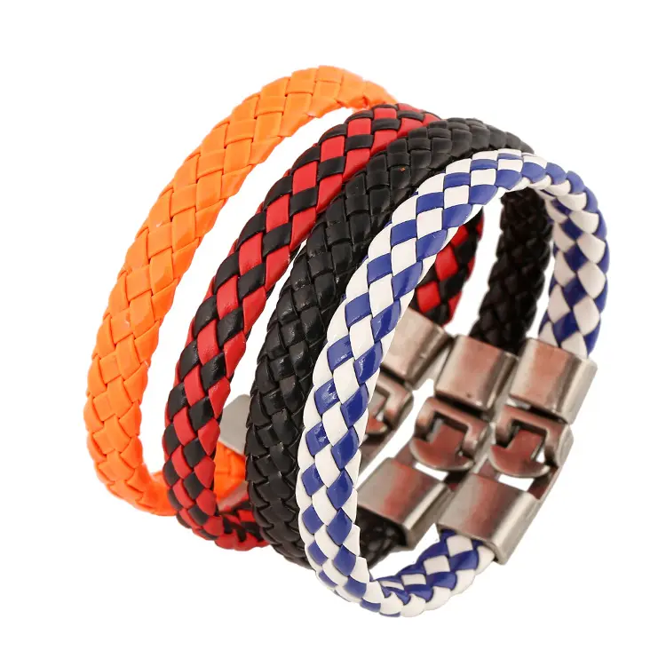 Punk Handgemaakte Boho Gypsy Hippie Metalen Kreeft Lock Zwart Rood Oranje Navy Blauw Wit Lederen Wrap Knopen Gevlochten Unisex Armband