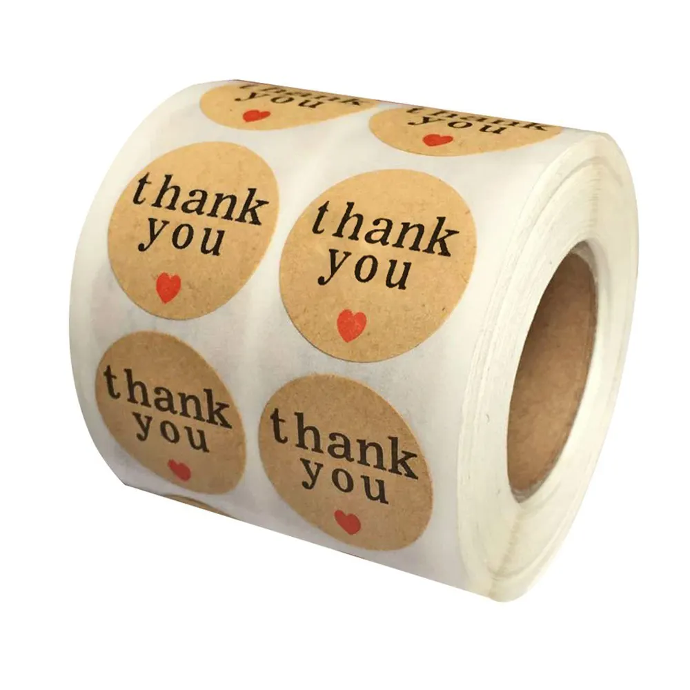 Natural Paper Kraft Thank You Sticker Labels with Red/Black Hearts, 1 Inch Round, 1000 Stickers per Roll