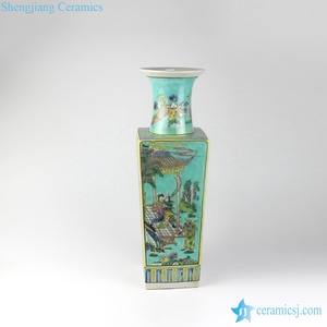 <span class=keywords><strong>Vaso</strong></span> quadrato <span class=keywords><strong>in</strong></span> ceramica RZJH04-B Famille Rose con sfondo verde, stile dinastia Qing, motivo a persone della corte antica. - Product Image 2