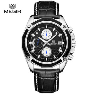 MEGIR – montre à Quartz pour hommes, bracelet en cuir, chronographe analogique, calendrier, montre-bracelet, <span class=keywords><strong>Sport</strong></span>, 2015 - Product Image 4