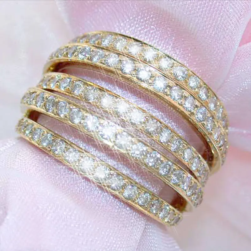 CAOSHI Zicon 18K Chapeamento de Ouro Anel de Cinco Linhas Brancas de Luxo Cheio de Diamantes Anel de Jóias Presentes Mulheres Do Partido