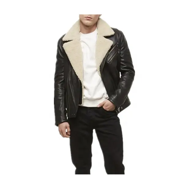 High Quality Customize Motorbike Black Leather Jacket Men With Fur Collar Leather Jacket For Men