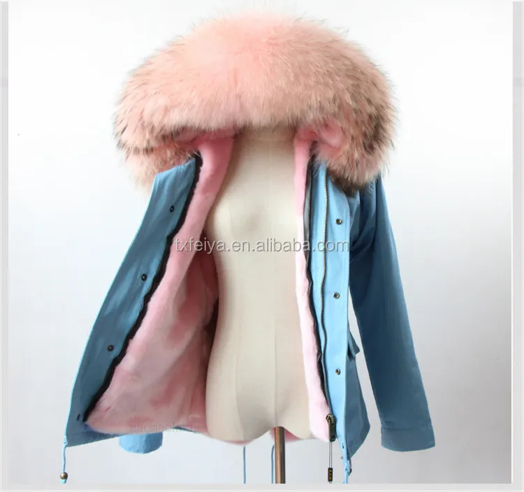 New Baby Blue Waschbär Pelz Kapuze Frauen Jacke Parka mit abnehmbarem Pelz gefüttert