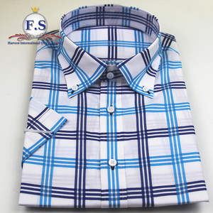 Luminoso blu plaid/madras di fascia alta degli uomini <span class=keywords><strong>camicia</strong></span> manica corta - Product Image 6