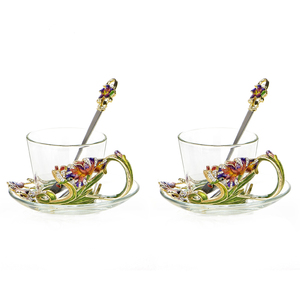 Taza de Agua o Café de Vidrio con Flores Metálicas de Lujo, Estilo Antiguo Vintage con Cuchara y Plato, Taza de Regalo - Product Image 6