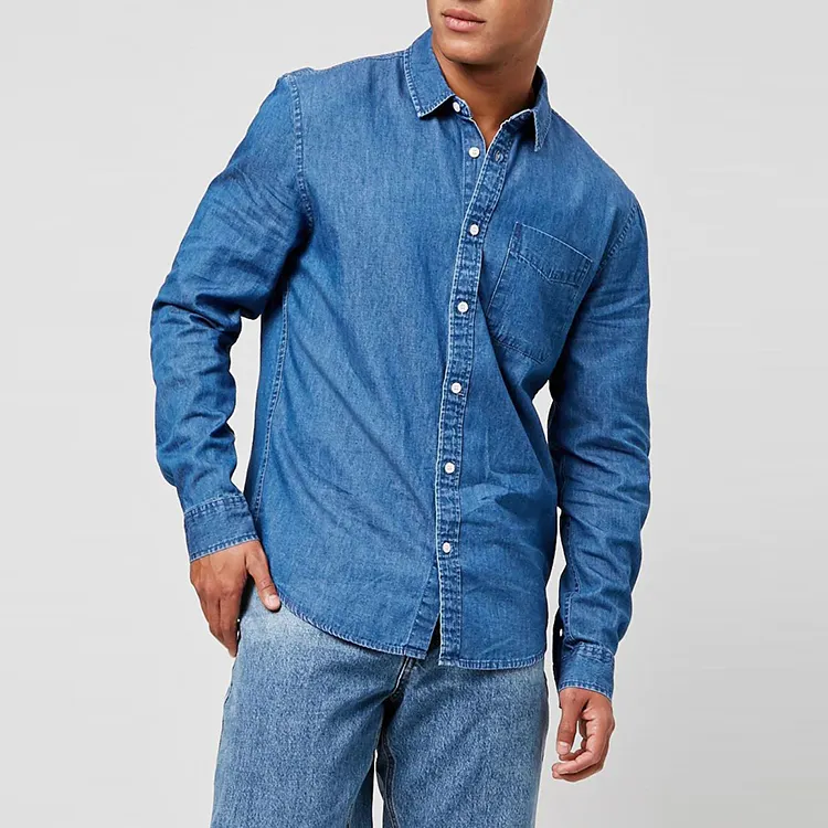 2019 מותאם אישית עיצוב כחול מעוקל hem ארוך שרוול ג 'ינס מזדמן גברים