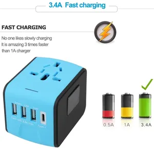 Universal Multi Plug Socket All In 1 Type-C Charger USB Quick Travel Plug Blue And Black Adaptor