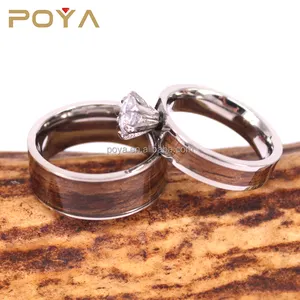 POYA Jewelry Titanium Wedding Band Ring Sets Inlay Walnut Wood with CZ Couple Ring Comfort Fit