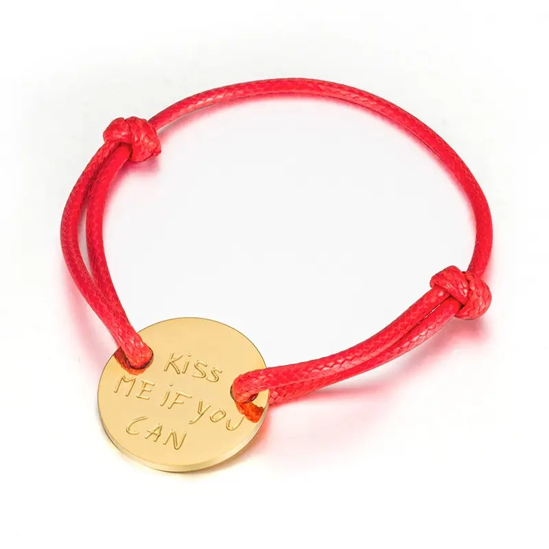 Pulsera personalizable de grabado "Kiss me if you can", de acero inoxidable, redonda, tejida a mano, cuerda de cera, joyería