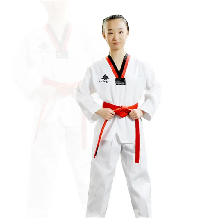 ตัวอย่างจัดส่งฟรี Woosung 100% โพลีเอสเตอร์เทควันโดเครื่องแบบเด็กกิโมโน Dobok Taekwondo สำหรับการฝึกอบรม