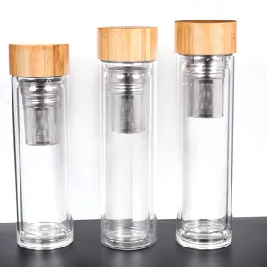 400ml 500ml Manufacturer Bamboo Lid Double Wall Glass Tea Infuser Water Bottle