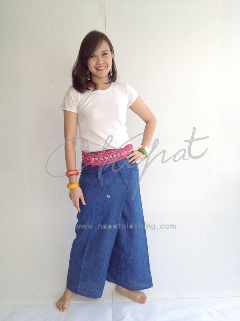 100% Thai Cotton Gypsy Hippie Pants Royal Blue Long Wrap Trouser with Thai  Pattern Rim Fashion Pants
