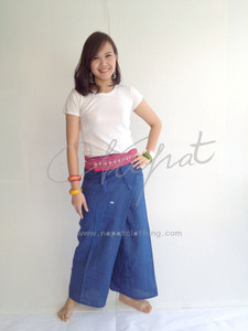 กางเกงฮิปปี้ผ้าฝ้ายสไตล์ไทยกางเกงแฟชั่น100% สีน้ำเงินเข้มมีขอบแบบไทย - Product Image 1