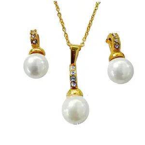 Fashion Pearl Silver Pendant Necklace Gold Stainless Steel Jewelry Pearl Necklaces And Earrings Set For Women And Bridal