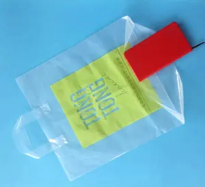 Kustom LDPE transparan bening 40x50 barang dagangan plastik bawah tas gusset tas belanja dengan pegangan lingkaran lembut