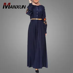 Mature Navy Blue Muslim Dress Beautiful Hand Embroidery Turkey Burqa Dubai Abaya Hotsale Front Button And Belt Islamic Clothing