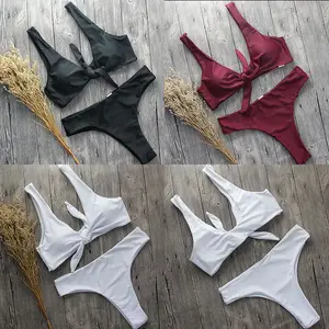 Di buona qualità Bikini Annodato Imbottito Perizoma Bikini Set Costumi Da Bagno Donna Scoop Neck Solido di Alta Cut Costume Da Bagno