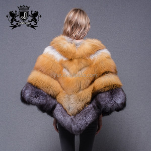 Mantello Triangolare in Stile Coreano, <span class=keywords><strong>Cappotto</strong></span> in Vera Pelliccia di Volpe a Righe per Donna - Product Image 1
