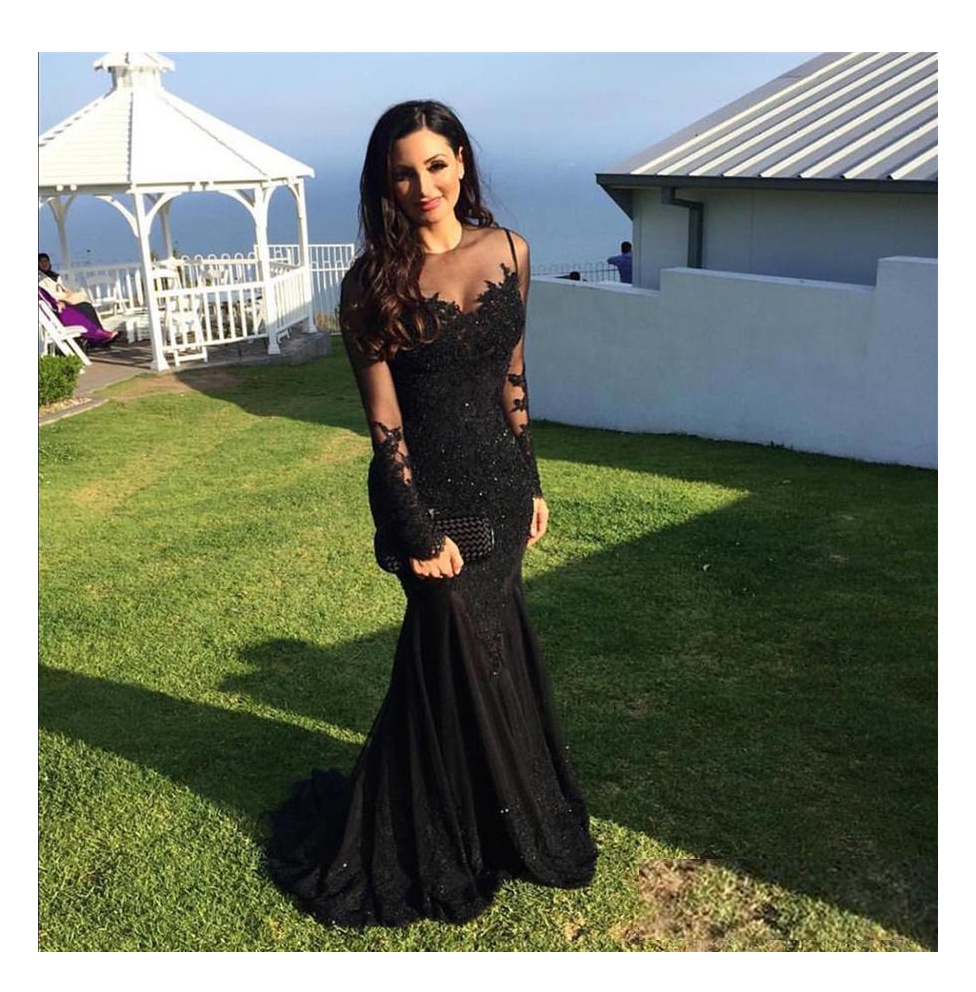 knee length dresses for ladies Off-the-shoulder Lace Long Sleeves Black Mermaid Prom Evening Dresses  DTP953  DressTok.co.uk