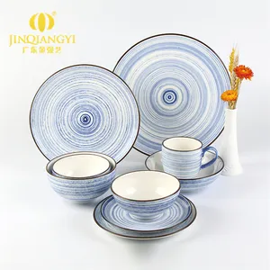 批发价格便宜圆形蓝色条纹彩色餐厅餐具潮州中国瓷器陶瓷餐具