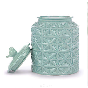 ターコイズヴィンテージセラミックキッチンフラワーキャニスタークッキージャー、バードトップの蓋付き - Product Image 3