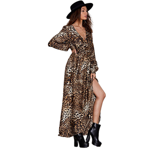 Personalizado Split Sexy de manga larga cuello en V estampado de <span class=keywords><strong>leopardo</strong></span> <span class=keywords><strong>vestido</strong></span> Maxi - Product Image 4