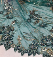 Tela de Tul con Lentejuelas y Perlas Bordadas a Mano con Diseño de Bordado Verde de Lujo de Fábrica China para Prendas de Boda
