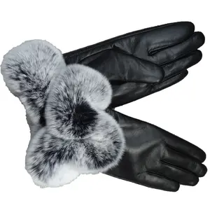 新款系列羊皮皮手套时尚正品雷克斯兔毛袖口羊毛衬里羊皮手套连衣裙毛皮手套