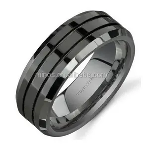 8mm Black Tungsten Carbide Rings for Men Polished Beveled Edge Double Groove Wedding Bands